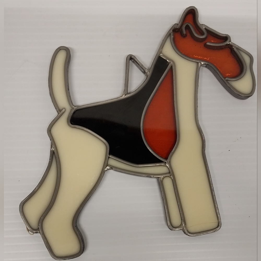 Elegant Terrier Stained Glass Art in Cream, Black, and Orange